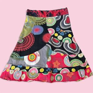 Desigual multicolored patchwork skirt with circular and paisley designs